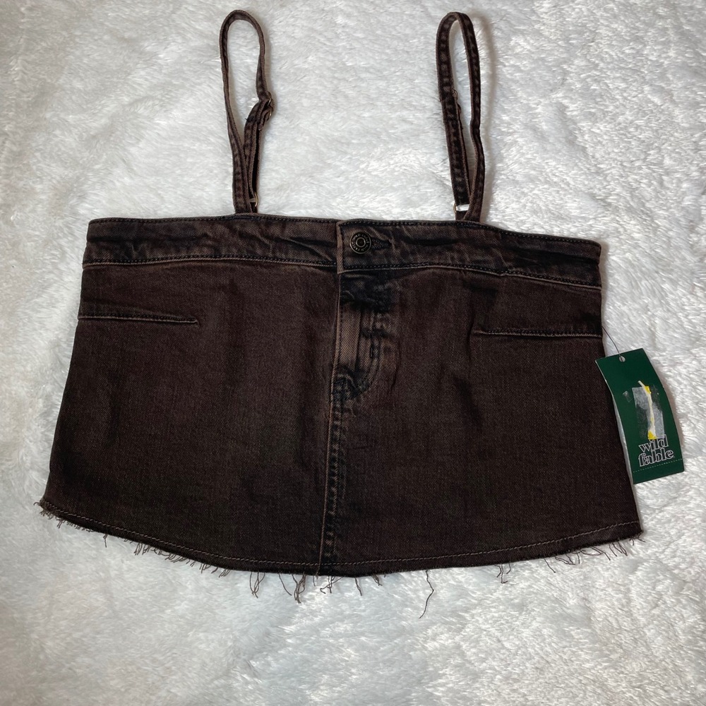 Womens Brown Denim Cami Top XS Dark Wash Raw Hem Button Front New Y2K 90s Grunge
